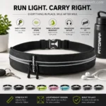 Black running belt for phone and keys with reflective strips, adjustable waist fit, and lightweight design