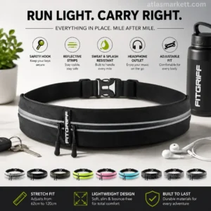 Black running belt for phone and keys with reflective strips, adjustable waist fit, and lightweight design