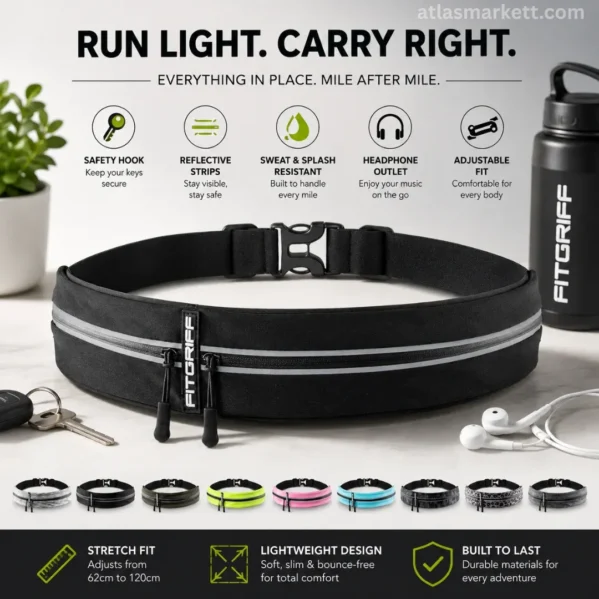 Black running belt for phone and keys with reflective strips, adjustable waist fit, and lightweight design