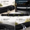 Running belt showing key hook, reflective strips, sweat protection, headphone outlet, and pocket measurements