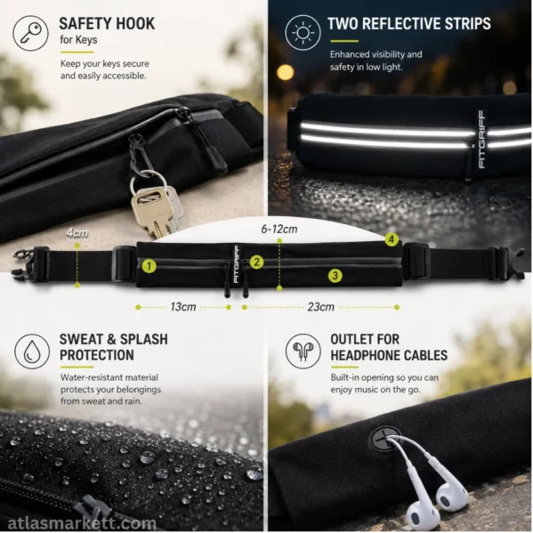 Running belt showing key hook, reflective strips, sweat protection, headphone outlet, and pocket measurements