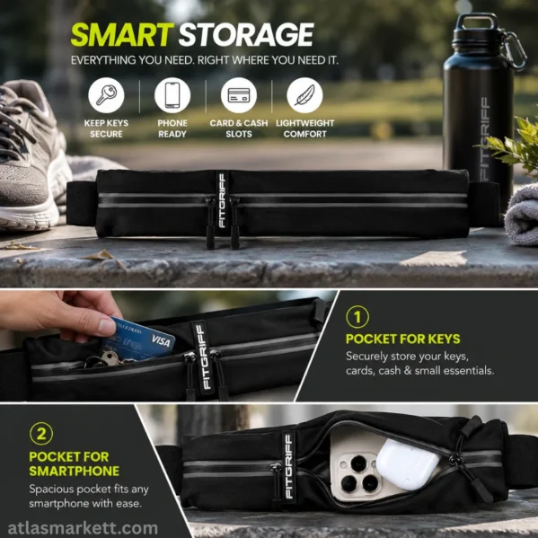 Running belt with separate compartments for smartphone, keys, cards, cash, and small essentials