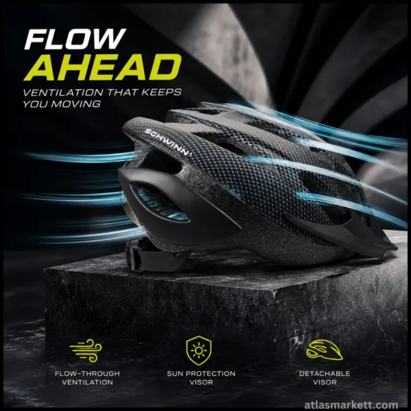 Schwinn bike helmet showing flow-through ventilation, sun protection, and detachable visor