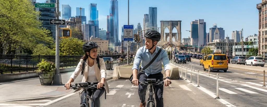 Man and woman wearing Schwinn bike helmets while cycling through New York City streets