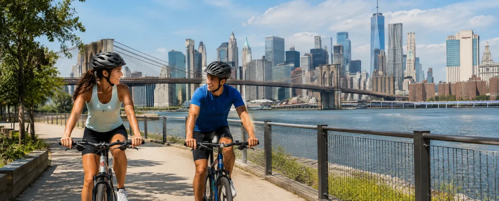 Man and woman wearing Schwinn bike helmets while cycling along the New York City waterfront