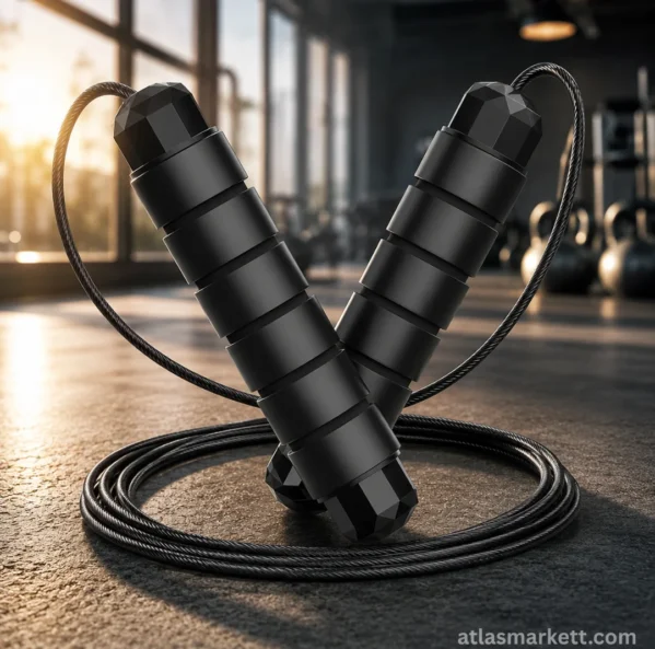 Black adjustable jump rope with steel cable and foam-covered handles for fitness workouts
