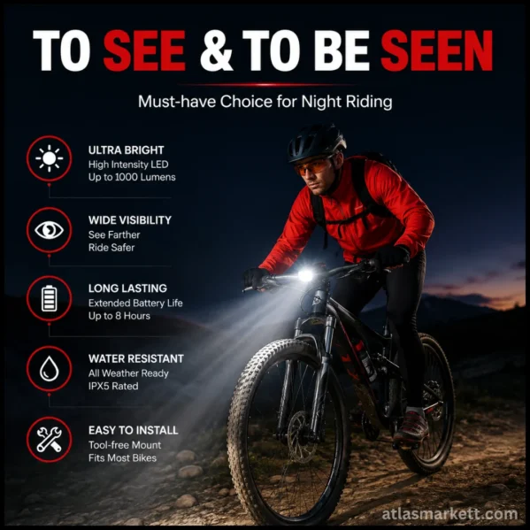 Cyclist riding at night with a super bright front bike light showing wide visibility and water-resistant design