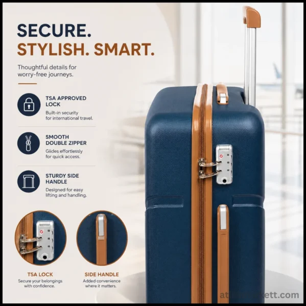 Three hardshell suitcases with matching duffel and toiletry bag