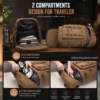 Brown canvas travel backpack showing main storage and separate bottom compartment for shoes and travel essentials