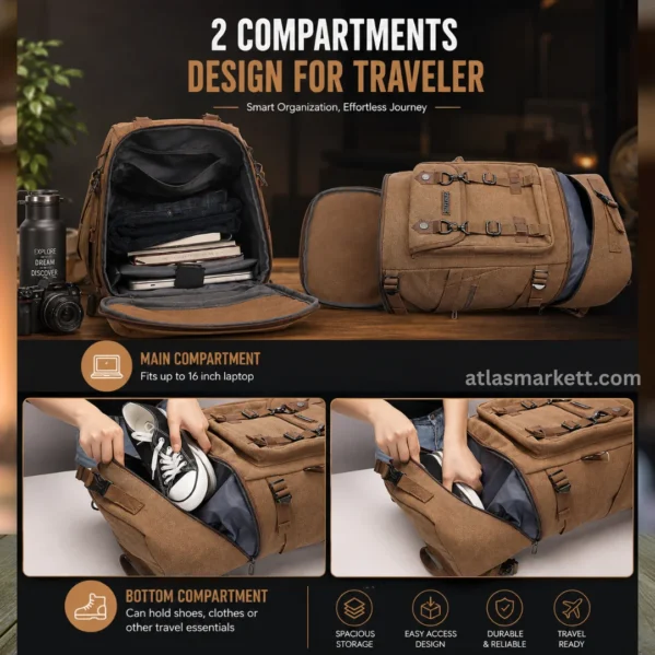 Brown canvas travel backpack showing main storage and separate bottom compartment for shoes and travel essentials