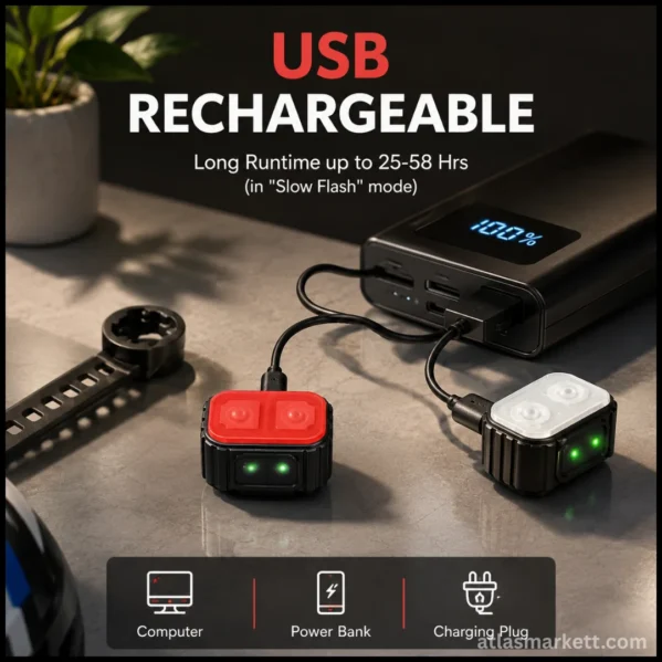 USB rechargeable front and rear bike lights showing long runtime and charging with a computer power bank or wall plug