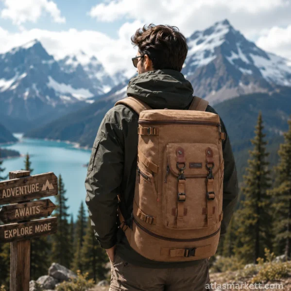 Brown vintage canvas travel backpack worn outdoors during a mountain hiking trip
