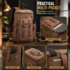 Brown vintage canvas travel backpack showing front, side, top, and back storage pockets