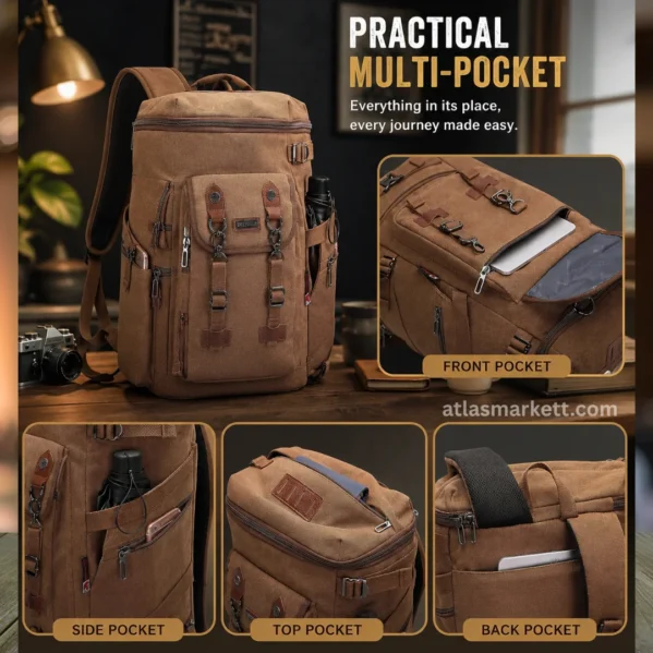Brown vintage canvas travel backpack showing front, side, top, and back storage pockets