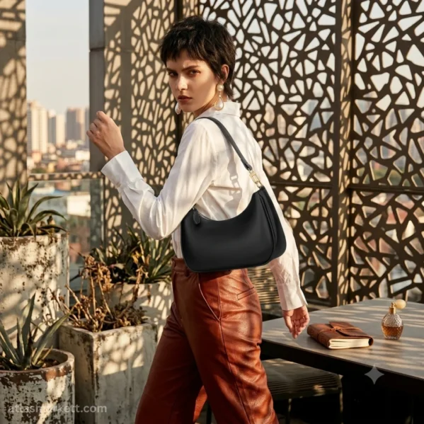 Women wearing a PU leather hobo shoulder bag with a classic casual outfit
