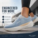 Women’s blue running shoe showing breathable upper cushioning and smooth heel to toe transitions