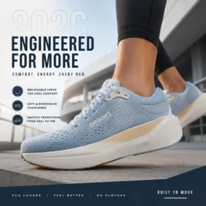 Women’s blue running shoe showing breathable upper cushioning and smooth heel to toe transitions