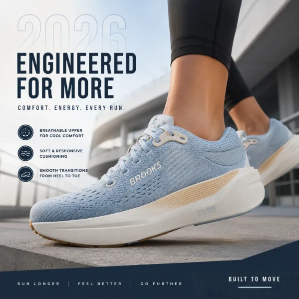 Women’s blue running shoe showing breathable upper cushioning and smooth heel to toe transitions