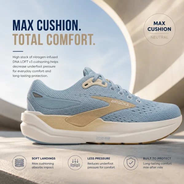 Side view of women’s blue running shoes with thick cushioned sole for soft landings and reduced underfoot pressure