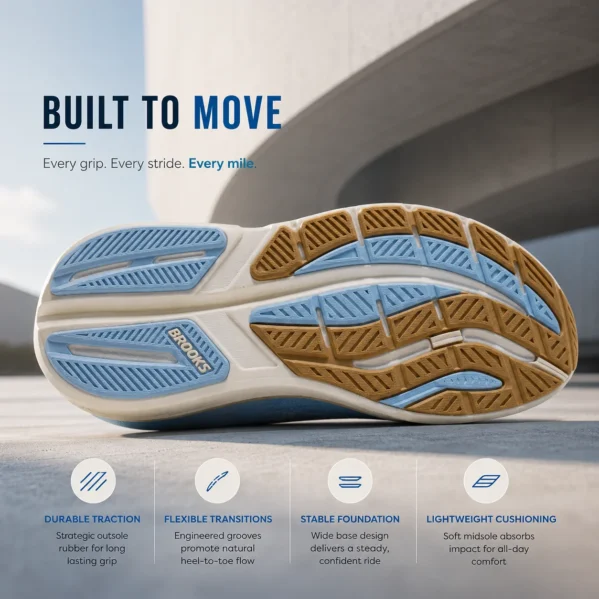 Bottom view of women’s blue running shoe showing durable rubber traction flexible grooves and cushioned sole