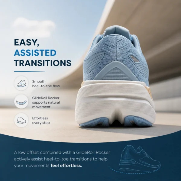 Rear view of women’s blue running shoes showing rocker design for smooth heel to toe transitions