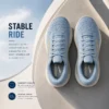 Top view of women’s blue running shoes showing wide base design for a stable and natural stride