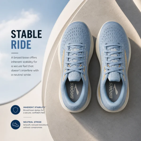 Top view of women’s blue running shoes showing wide base design for a stable and natural stride