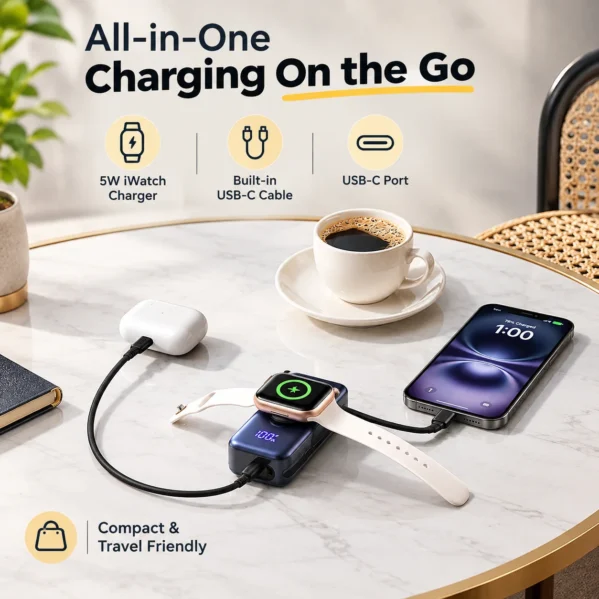 5000mAh portable power bank with built-in USB-C cable and additional USB-C port