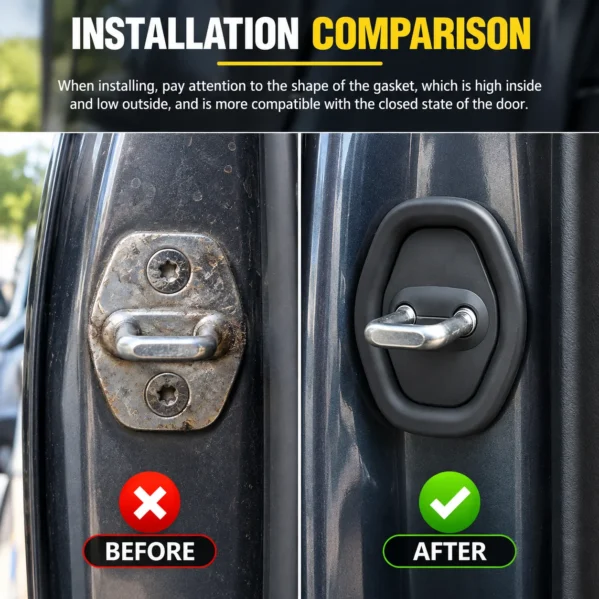 Adhesive-backed silicone car door latch guard fitted around the door lock area