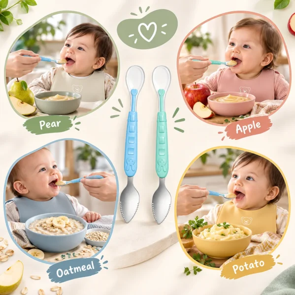 Baby silicone feeding spoon with soft silicone end and fruit scraper