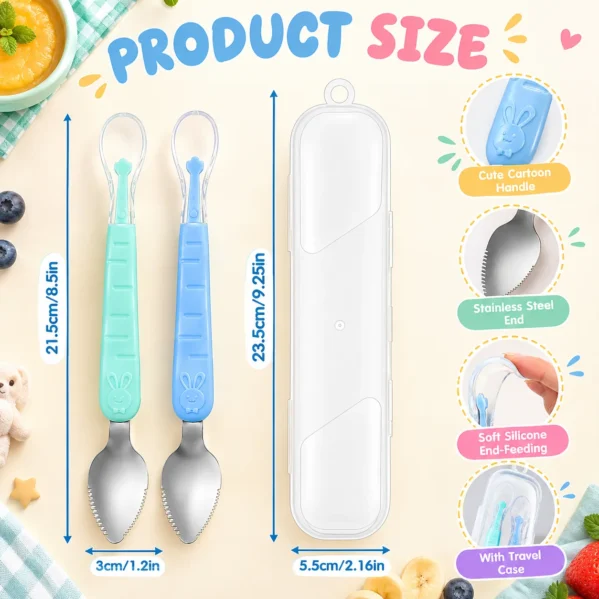 Double head baby feeding spoon set with blue and cyan spoons