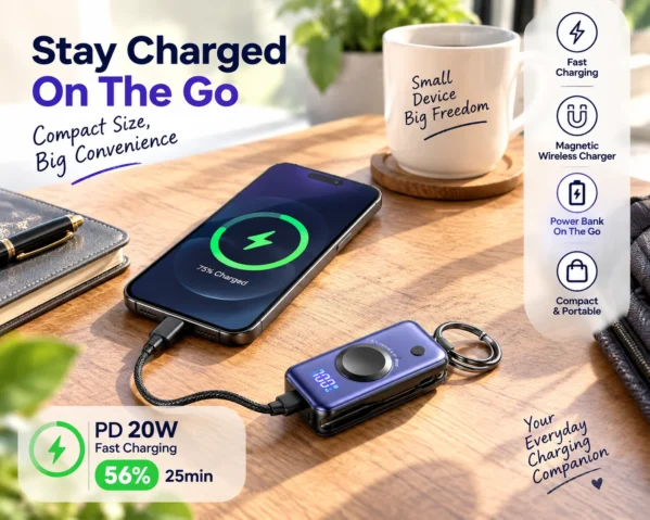 Mini 5000mAh power bank for phones with built-in USB-C cable and digital battery display