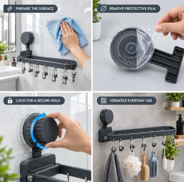Suction cup laundry hanger attached to a smooth wall without drilling or adhesive