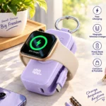 Portable 5000mAh power bank with wireless Apple Watch charging and digital battery display