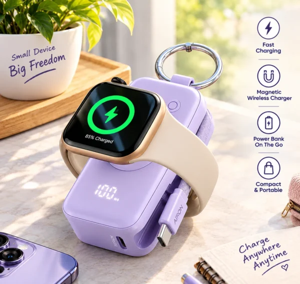 Portable 5000mAh power bank with wireless Apple Watch charging and digital battery display