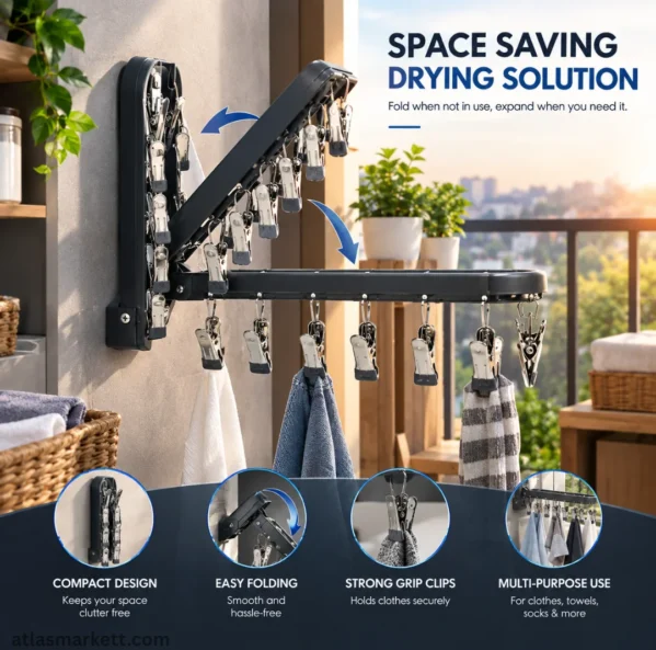 Foldable laundry hanger mounted on a wall to save space when drying small clothes