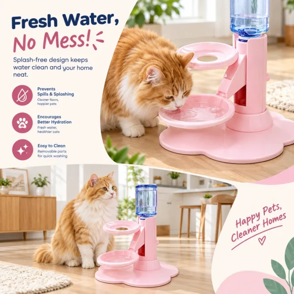 Spill-proof pet water bowl for cats and dogs with automatic refill