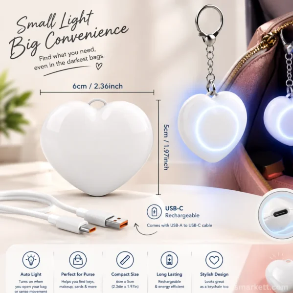 Portable white heart-shaped purse light with keychain design