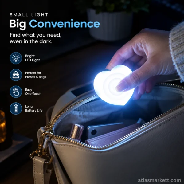Heart-shaped purse light helping illuminate items inside a handbag